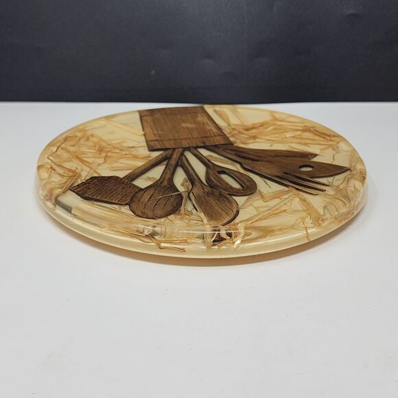 Handcrafted Wooden Kitchen Utensils Design Round Resin Trivet 7-3/4" - Picture 9 of 10